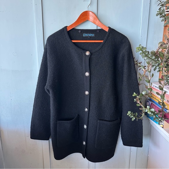 City Wear Sweaters - Vintage 100% Wool Black Button-Up Cardigan